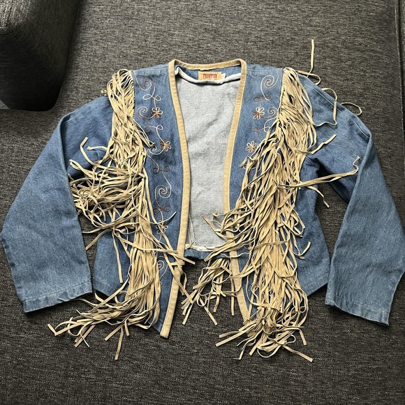 Frontier Collection Denim Jacket Womens Small Western Fringe Suede Made USA Blue